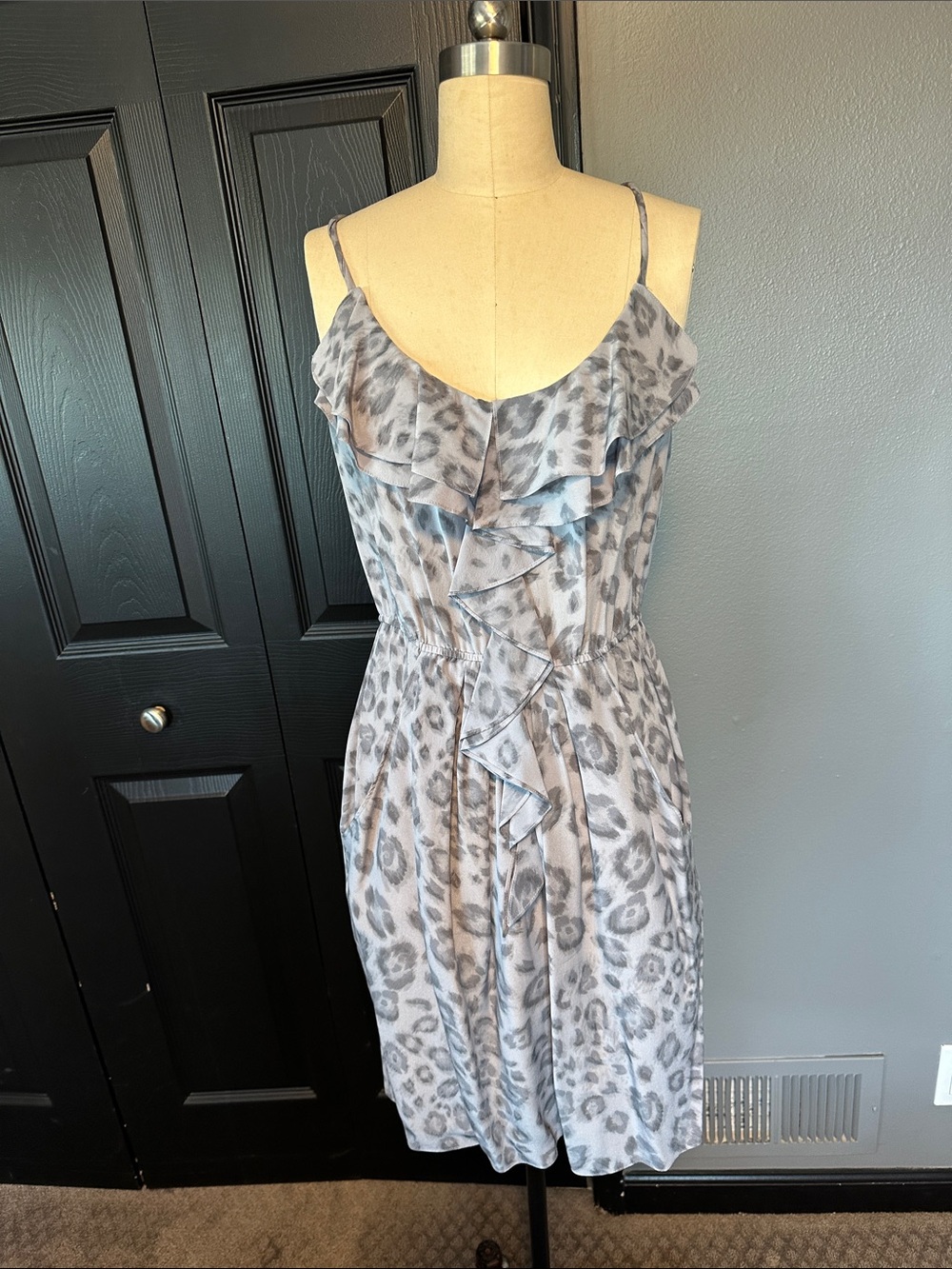 Rebecca Taylor Gray Leopard Print Ruffle Slip Dress
